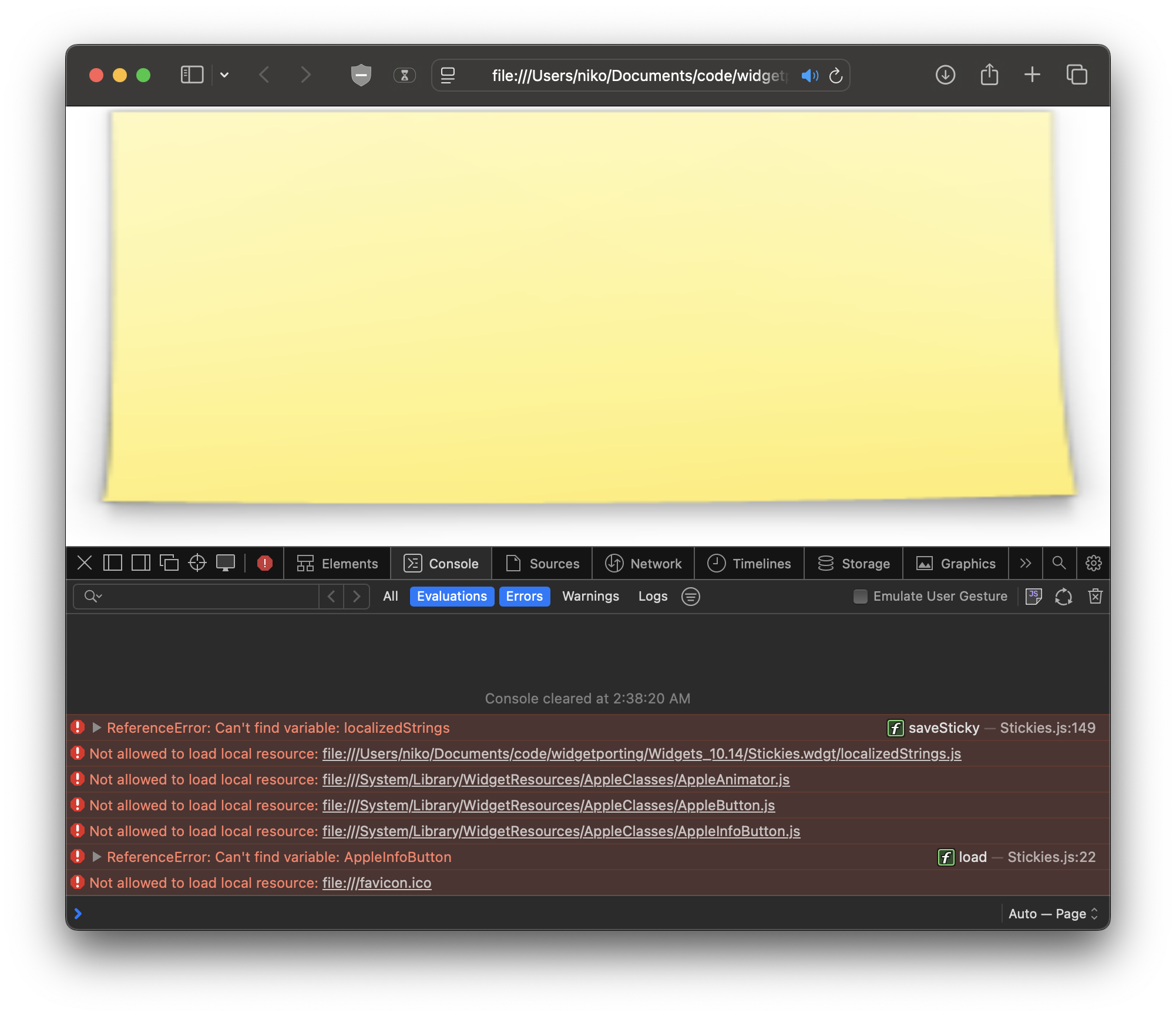 Trying to load Stickies in Safari