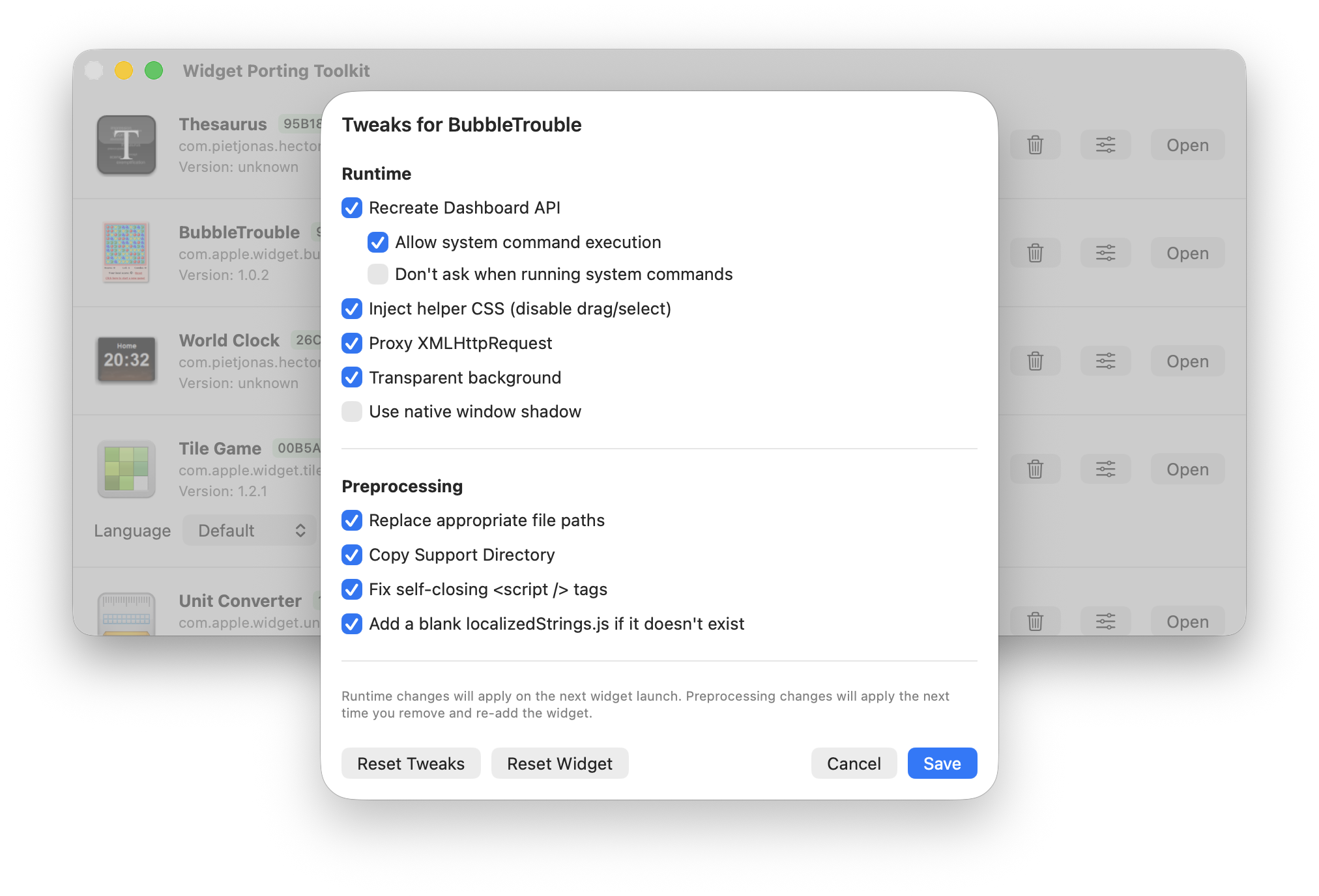 Tweaks list